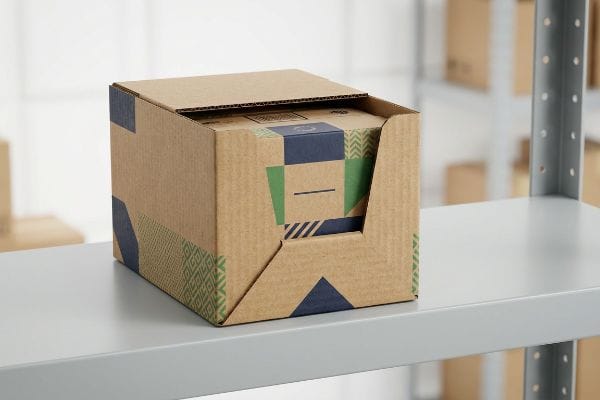 تصميم عبوات متعدد القنوات علبة تغليف كرتونية مموجة مصممة خصيصًا للبيع بالتجزئة، ذات فتحة أمامية فريدة وشعار هندسي باللونين الأزرق والأخضر، موضوعة على رف رمادي.