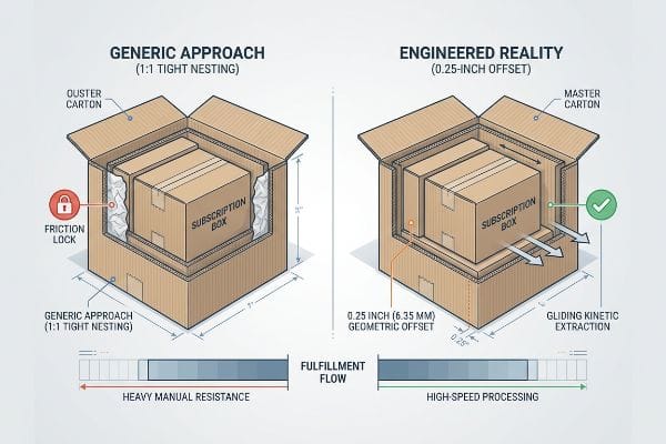 Two diagrams compare generic 1:1 tight nesting causing friction lock and heavy resistance with engineered 0.25-inch geometric offset for gliding kinetic extraction and high-speed processing of a subscription box.