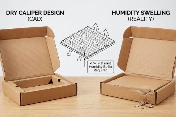Humidity Swelling Packaging Buffer Corrugated boxes demonstrating Dry Caliper Design (CAD) vs. Humidity Swelling (Reality), with a diagram for 0.04 In (1 Mm) Humidity Buffer.