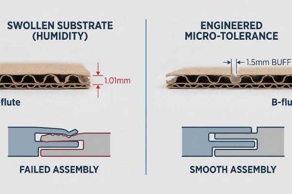 Packaging Humidity Tolerance Corrugated B-flute comparison: Swollen Substrate (Humidity) causes Failed Assembly, while Engineered Micro-Tolerance with 1.5mm Buffer ensures Smooth Assembly.