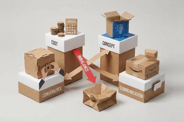 Four C's Packaging Imbalance Cardboard boxes and paper cutouts depict the Four C's of Packaging: Cost, Concept, Convenience, Communication, and the 'Imbalance' leading to a crumpled bag.