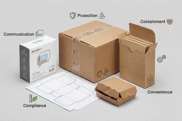 5 Packaging Importance Pillars BrandBox packaging illustrates the 5 importance of packaging: protection, containment, communication, convenience, and compliance, with a dieline.