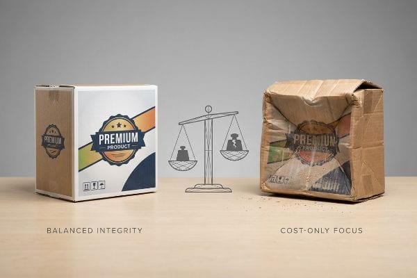 Intact 'Premium Product' box ('Balanced Integrity') contrasts with a crushed one ('Cost-Only Focus'), illustrating packaging integrity.