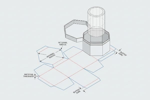 Hexagon Box Fit Diagram Diagram of hexagonal box design, showing net, assembled box, and product. It highlights Internal Radius, Material Thickness, Buffer Zone.