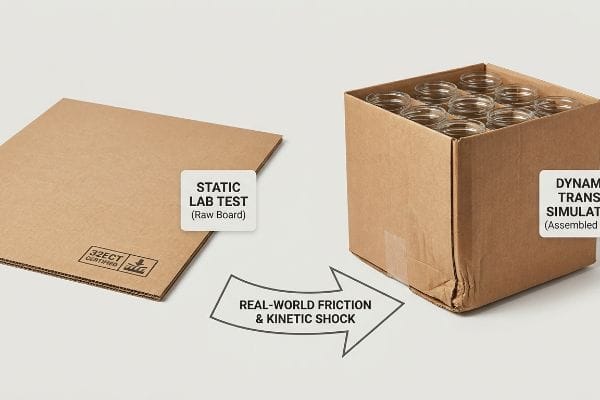 Static vs Dynamic Testing A 32ECT Certified raw board for Static Lab Test contrasts with an assembled box of glass jars for Dynamic Transit Simulation, showing Real-World Friction & Kinetic Shock.
