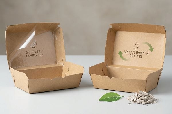 Open kraft paper food containers, one with Bio-Plastic Lamination, the other Aqueous Barrier Coating, for sustainable packaging.