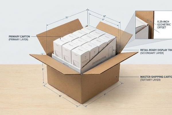 Brown corrugated Master Shipping Carton with a white Retail-Ready Display Tray containing Primary Cartons, showing a 0.25-inch Geometric Offset for smooth extraction.