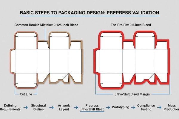 Packaging Bleed Margin Comparison Packaging design prepress validation compares a 0.125-inch bleed rookie mistake to a 0.5-inch litho-shift bleed pro fix on box dielines.