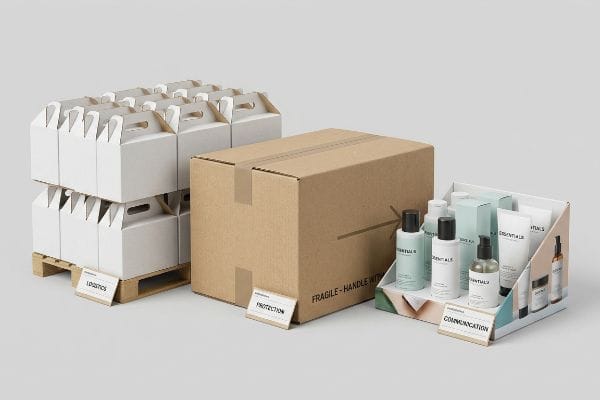 White gable top boxes on pallets, a brown "Fragile Handle With Care" shipping box, and a retail display of "Essentials" products, highlighting logistics, protection, and communication.