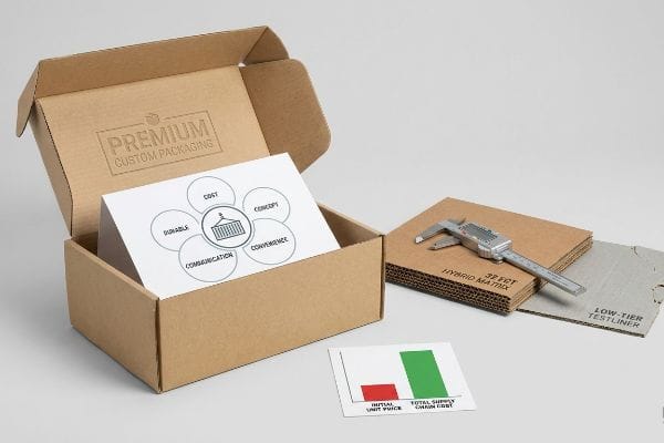 Brown corrugated box with 'Premium Custom Packaging' and a '4 C's' diagram. Samples of '32 ECT Hybrid Matrix' and 'Low-Tier Testliner' are measured by a caliper, alongside a chart comparing 'Initial Unit Price' to 'Total Supply Chain Cost'.