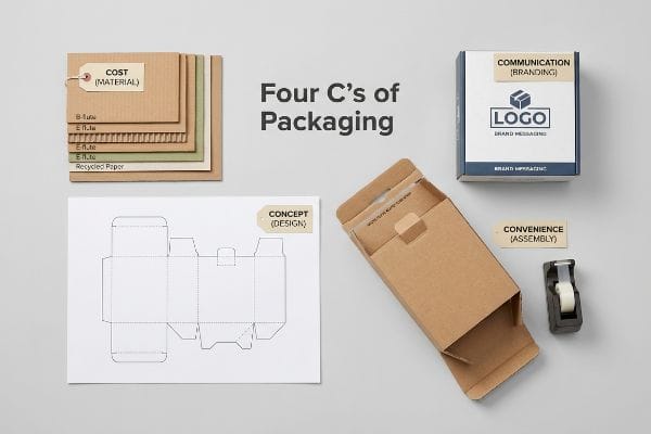 B-flute and Recycled Paper samples, a die-cut template, a branded Logo box, and an open corrugated box with tape, representing the Four C's of Packaging: Cost, Concept, Communication, and Convenience.