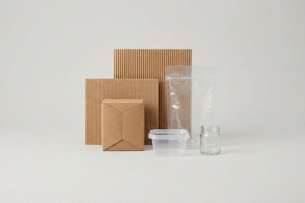Custom packaging materials: corrugated cardboard, kraft paper box, clear plastic pouch, plastic container, and glass jar.