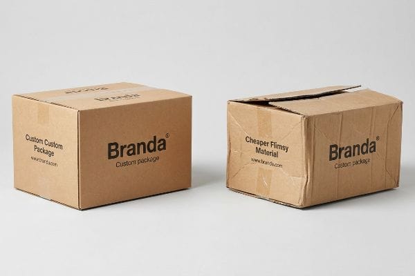 Packaging Quality Comparison Sturdy Branda 'Custom Package' box beside a damaged 'Cheaper Flimsy Material' box, highlighting packaging quality.
