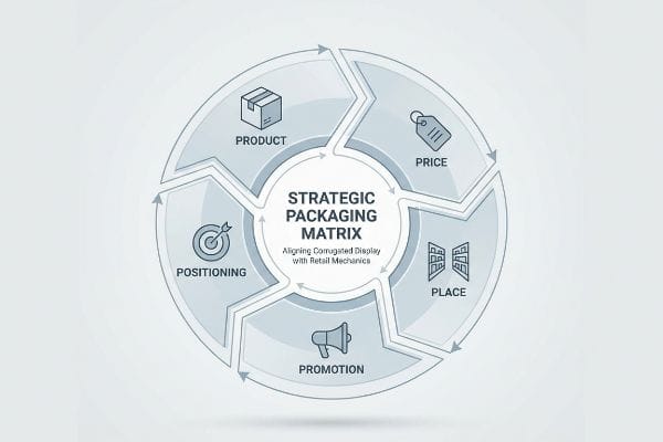 Strategic Packaging Matrix A circular diagram illustrates the Strategic Packaging Matrix, detailing Product, Price, Place, Promotion, and Positioning, aligning corrugated display with retail mechanics.