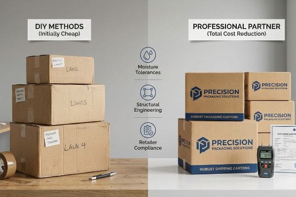 DIY vs Professional Packaging Contrasting DIY cardboard boxes with professional Precision Packaging Solutions cartons, showcasing moisture tolerances, structural engineering, and retailer compliance.