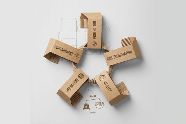 Packaging Purposes Balance Kraft corrugated boxes display packaging's five purposes: Containment, Protection, Information, Utility, Promotion, balancing Cost, Return on Investment.