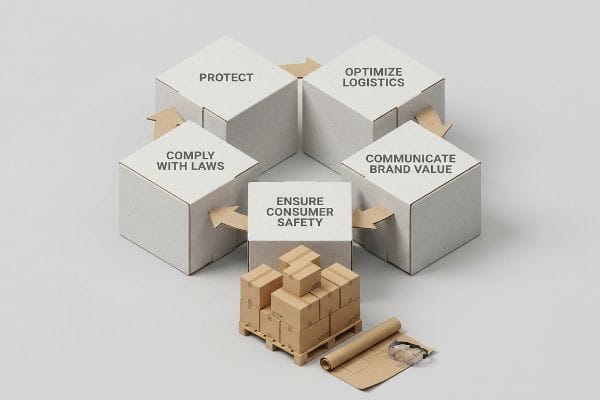 Packaging Requirements Cycle White cardboard boxes show packaging requirements: Protect, Optimize Logistics, Comply With Laws, Communicate Brand Value, and Ensure Consumer Safety, with miniature boxes.