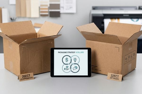Packaging Strategy 4 Pillars Two open corrugated cardboard boxes, one labeled 26ECT (Compromised) and the other 32ECT (Optimized), flank a tablet displaying 'Packaging Strategy: 4 Pillars' with icons for Cost, Concept, Convenience, and Communication.