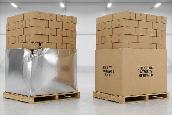 Structural Integrity Optimized Crushed foil-wrapped packaging versus stable 'High-Ect Engineered Core' boxes, demonstrating structural integrity optimization.