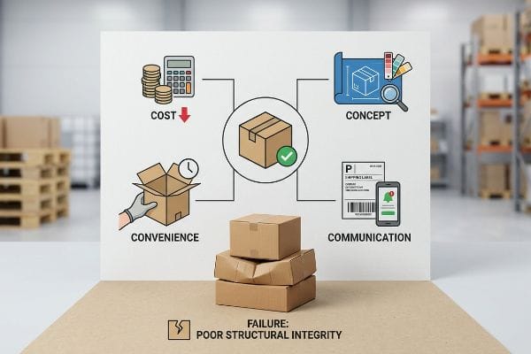 Packaging Four C's Failure Diagram of Four C's: Cost, Concept, Convenience, Communication, above collapsed boxes with 'Failure: Poor Structural Integrity' in a warehouse.