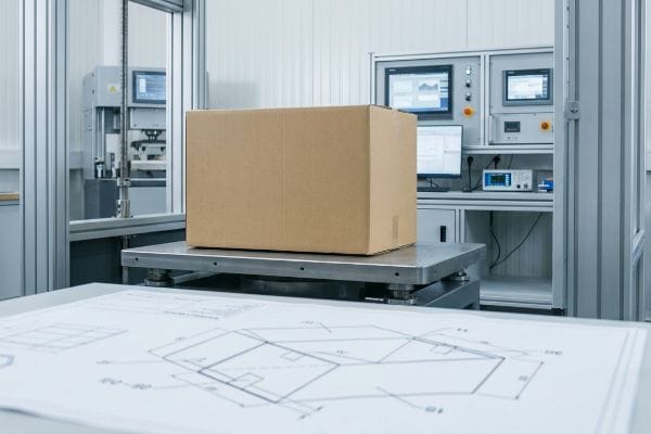 Box Structural Integrity Test Brown cardboard box on a dynamic testing platform in a packaging structural integrity lab, with a blueprint of the design on a desk.