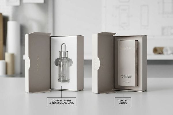 Packaging Insert Comparison Cosmetic boxes comparison: Custom Insert & Suspension Void for dropper bottle, versus Tight Fit (Risk) for Premium Matte Moisturizer.