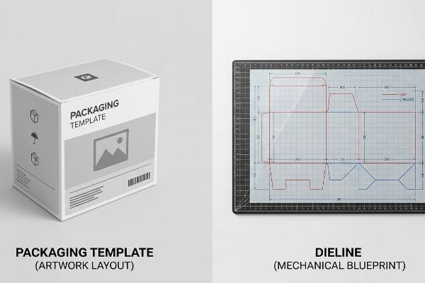 Template vs Dieline A side-by-side comparison of a Packaging Template for artwork layout and a Dieline mechanical blueprint, featuring red Cut and blue Crease lines on a grid.
