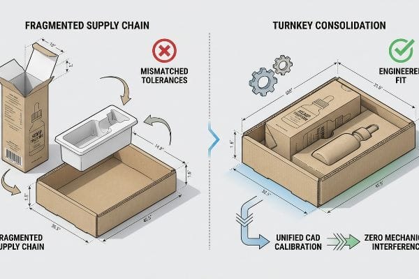 Mismatched hemp tincture packaging tolerances in a fragmented supply chain, contrasted with turnkey consolidation's engineered fit via unified CAD calibration.