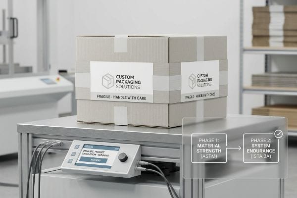 Corrugated boxes labeled "Custom Packaging Solutions" on a dynamic transit simulation machine, showing ASTM material strength and ISTA 3A system endurance.