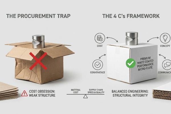Crumpled brown box (Procurement Trap, Weak Structure) contrasts with white Premium White-Coated Performance Micro-Flute box (4 C's Framework, Structural Integrity).