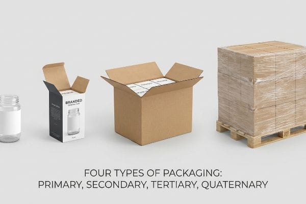 A clear jar, branded black box, corrugated box, and pallet illustrate the four types of packaging: primary, secondary, tertiary, quaternary.