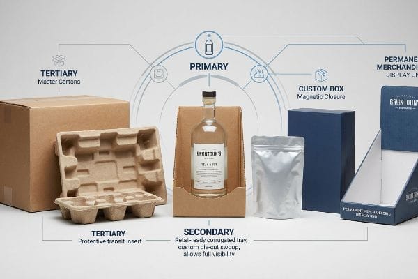 Various packaging types: a Grontoun's Clear White bottle in a secondary corrugated tray, a tertiary master carton, protective transit insert, custom magnetic box, flexible pouch, and a permanent merchandising display unit.