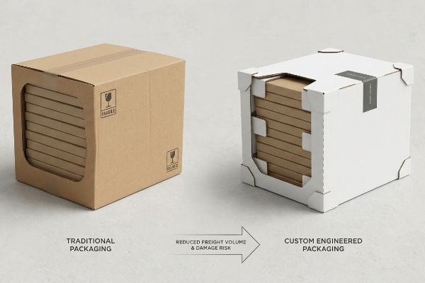 Traditional vs Custom Packaging Comparing brown Traditional Packaging with white Custom Engineered Packaging, highlighting reduced freight volume and damage risk.