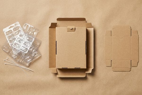 Packaging waste components: clear plastic blister packs, white cable ties, and various brown cardboard boxes on a neutral background.