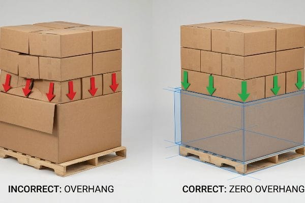 Zero Overhang Pallet Pallet loading: 'Incorrect: Overhang' crushes boxes; 'Correct: Zero Overhang' ensures structural corner support.