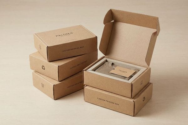Displaying custom printed cardboard boxes by Paliher, with one open box revealing a folded t-shirt and a brand tag inside.
