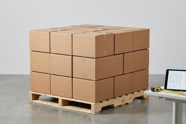 Brown cardboard shipping boxes stacked on a wooden GMA pallet, with a measuring tape and tablet on a white table, illustrating pallet optimization.