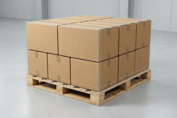 GMA Pallet Boxes Brown corrugated shipping boxes neatly stacked on a wooden GMA pallet, outlined by a bounding box, demonstrating zero-overhang for compression.