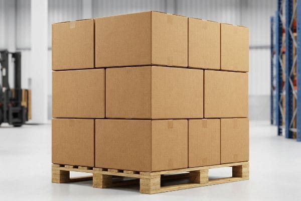 Master Cartons on Pallet Twelve plain brown corrugated master cartons stacked on a wooden pallet in a warehouse, demonstrating proper pallet geometry for shipping.