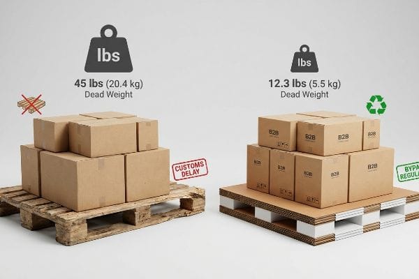Wooden pallet with 45 lbs (20.4 kg) dead weight and 'Customs Delay' vs. corrugated paper pallet with 12.3 lbs (5.5 kg) and 'Bypass Regulations' for B2B boxes.