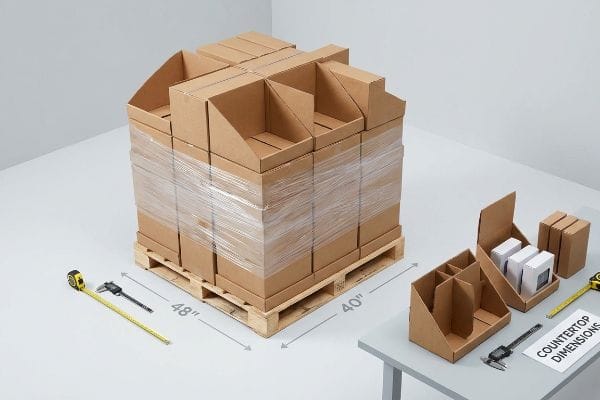 A large stack of cardboard display boxes on a 48x40-inch wooden pallet, shown with measuring tools and Countertop Dimensions examples.