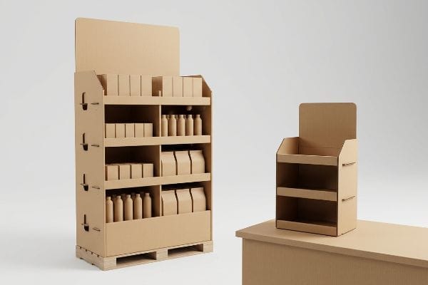 Corrugated cardboard retail floor display with products and a smaller empty counter display on a table.
