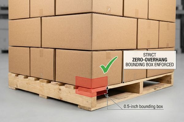 Zero-Overhang Pallet Enforcement Brown corrugated master cartons stacked on a wooden pallet, illustrating a Strict Zero-Overhang Bounding Box Enforced with a 0.5-inch tolerance.