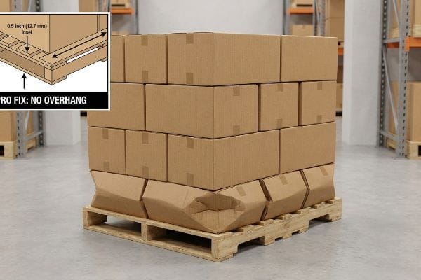 Pallet Overhang Damage Fix Corrugated boxes on a pallet with crushed bottom layer from overhang, illustrating damage. Inset diagram shows "Pro Fix: No Overhang" with 0.5 inch (12.7 mm) inset.