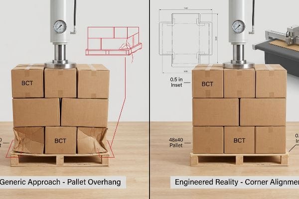 Pallet Overhang vs Alignment Brown corrugated shipping boxes on a 48x40 pallet, comparing generic overhang causing crushing to engineered 0.5-inch inset for stable BCT corner alignment.
