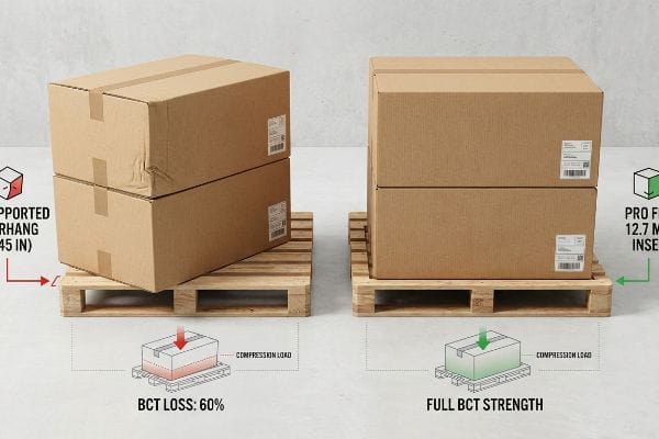 Pallet Overhang BCT Loss Brown master cartons on pallets compare unsupported overhang (0.45 In) causing 60% Bct Loss, versus a Pro Fix 12.7 Mm Inset ensuring Full Bct Strength under compression.