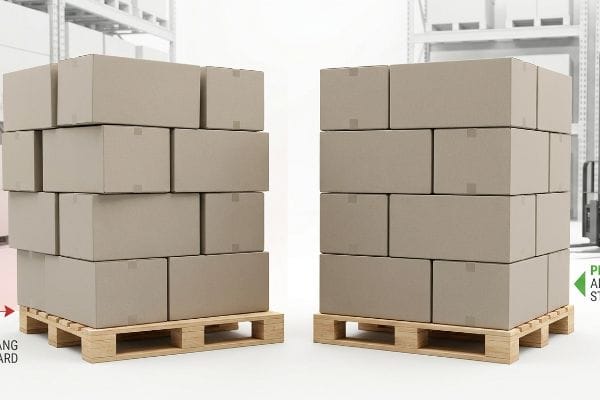 Pallet Overhang vs Alignment Two stacks of brown cardboard boxes on pallets, illustrating Overhang Hazard versus Proper Alignment Stack in a warehouse.