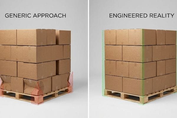 GMA-Palettenvergleich: Der generische Ansatz zeigt durch Überhang beschädigte Kartons, die Engineered Reality zeigt stabile Stapelung ohne Überhang.