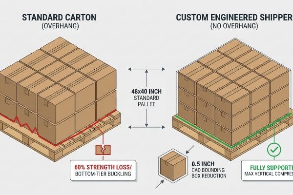 Brown boxes on a 48x40 inch pallet, contrasting standard carton overhang (60% strength loss) with a custom engineered shipper (no overhang, fully supported, 0.5 inch CAD reduction).