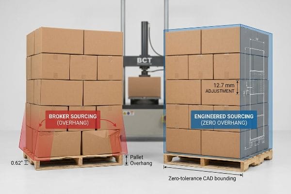 Brown boxes on pallets, contrasting Broker Sourcing's 0.62-inch overhang with Engineered Sourcing's 12.7 mm CAD zero-overhang.